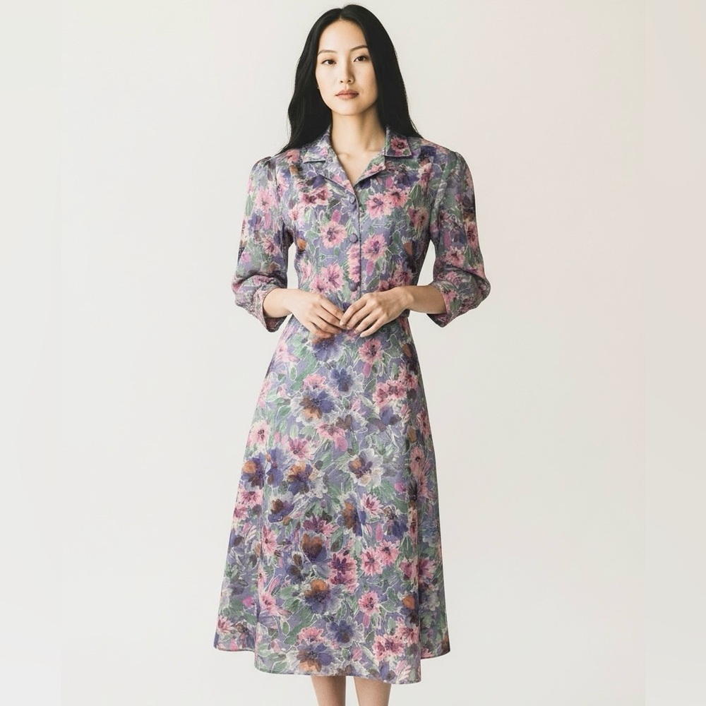 Vintage 1980s California Looks Pastel Floral Secretary Dress Purple